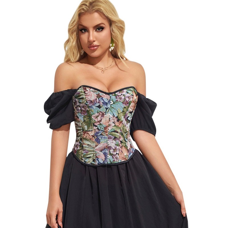 Floral Print Overbust Womens Fashion Colorful Lace Up Boned Vintage Corset